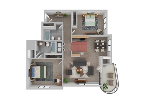 A 3D floor plan of a house with a kitchen, living room, dining room, and bathroom.
